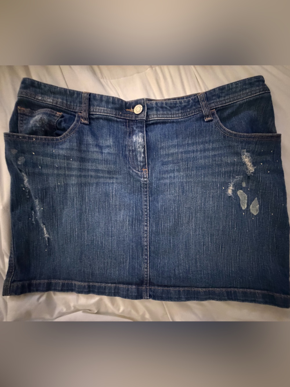 New York & Company Distressed Dark Blue Denim Mini Skirt | 14